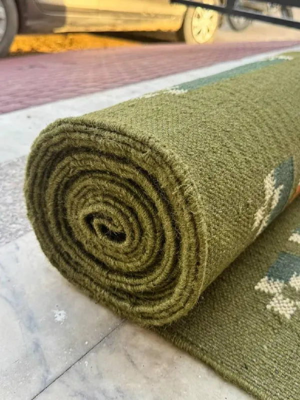 Olive Green Small-Motif Wool & Jute Kilim Runner Rug