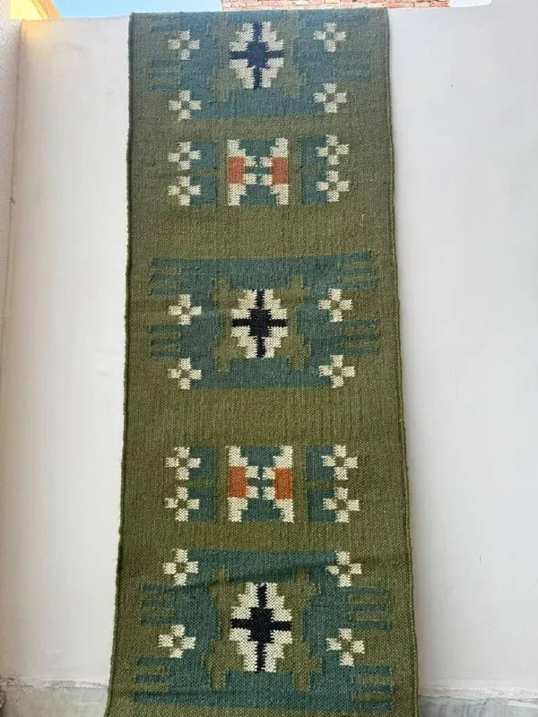 Olive Green Small-Motif Wool & Jute Kilim Runner Rug
