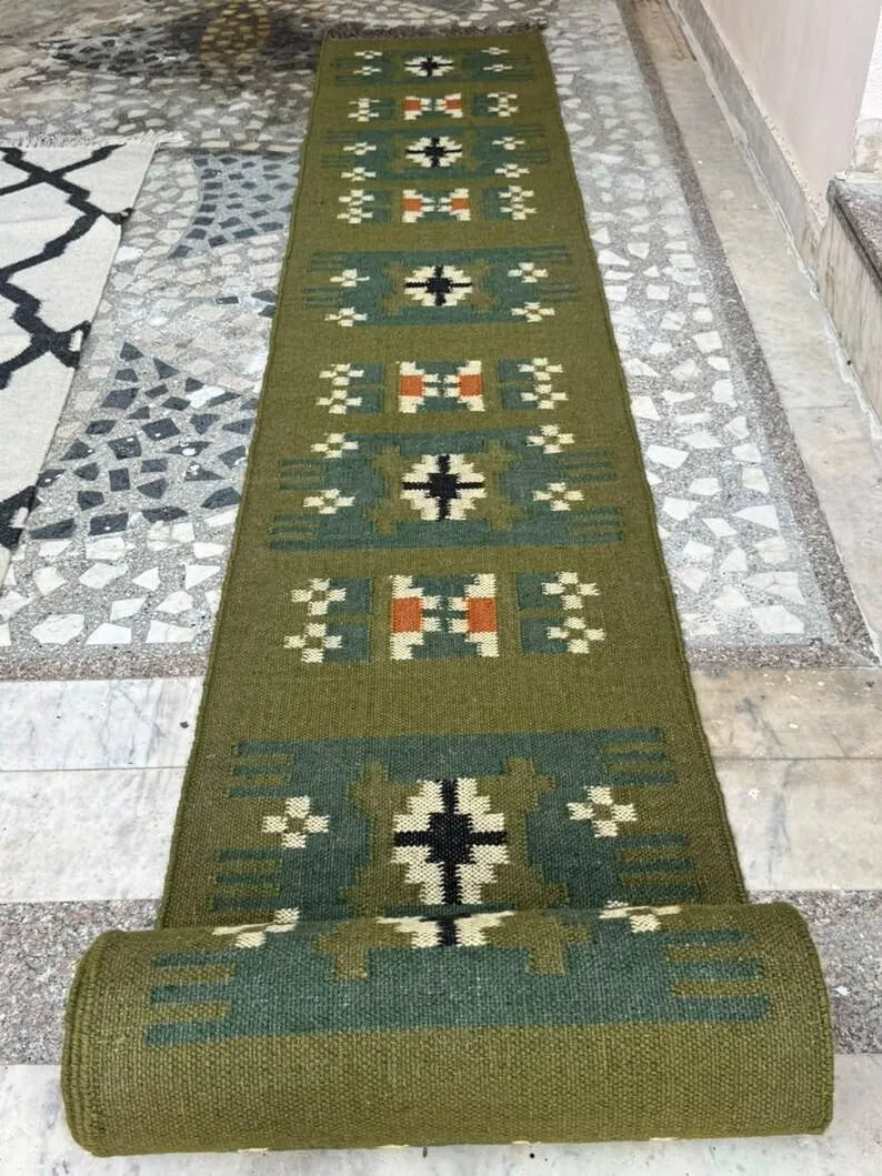 Olive Green Small-Motif Wool & Jute Kilim Runner Rug