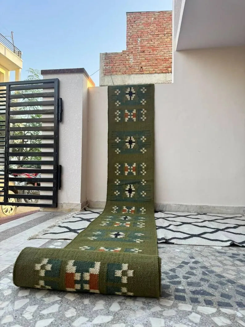 Olive Green Small-Motif Wool & Jute Kilim Runner Rug