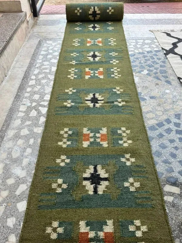 Olive Green Small-Motif Wool & Jute Kilim Runner Rug