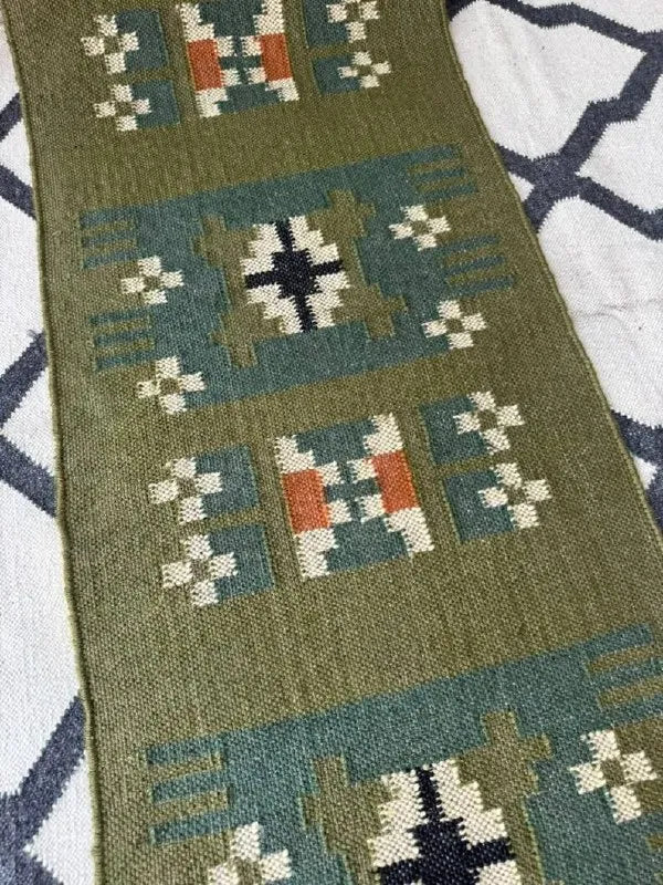 Olive Green Small-Motif Wool & Jute Kilim Runner Rug