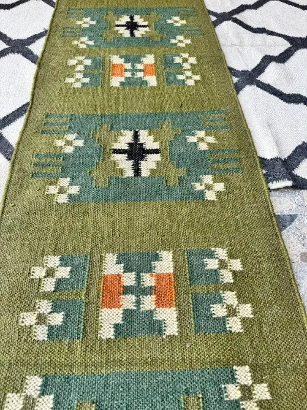 Olive Green Small-Motif Wool & Jute Kilim Runner Rug