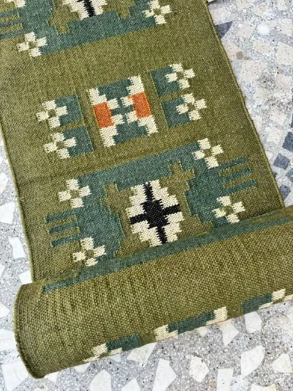 Olive Green Small-Motif Wool & Jute Kilim Runner Rug