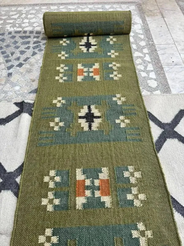 Olive Green Small-Motif Wool & Jute Kilim Runner Rug