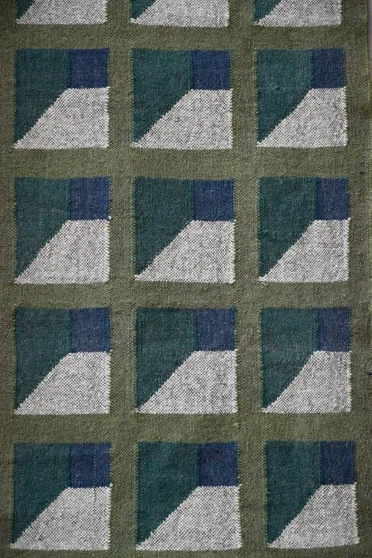 Olive Green Geometric Panel Wool & Jute Kilim Runner Rug
