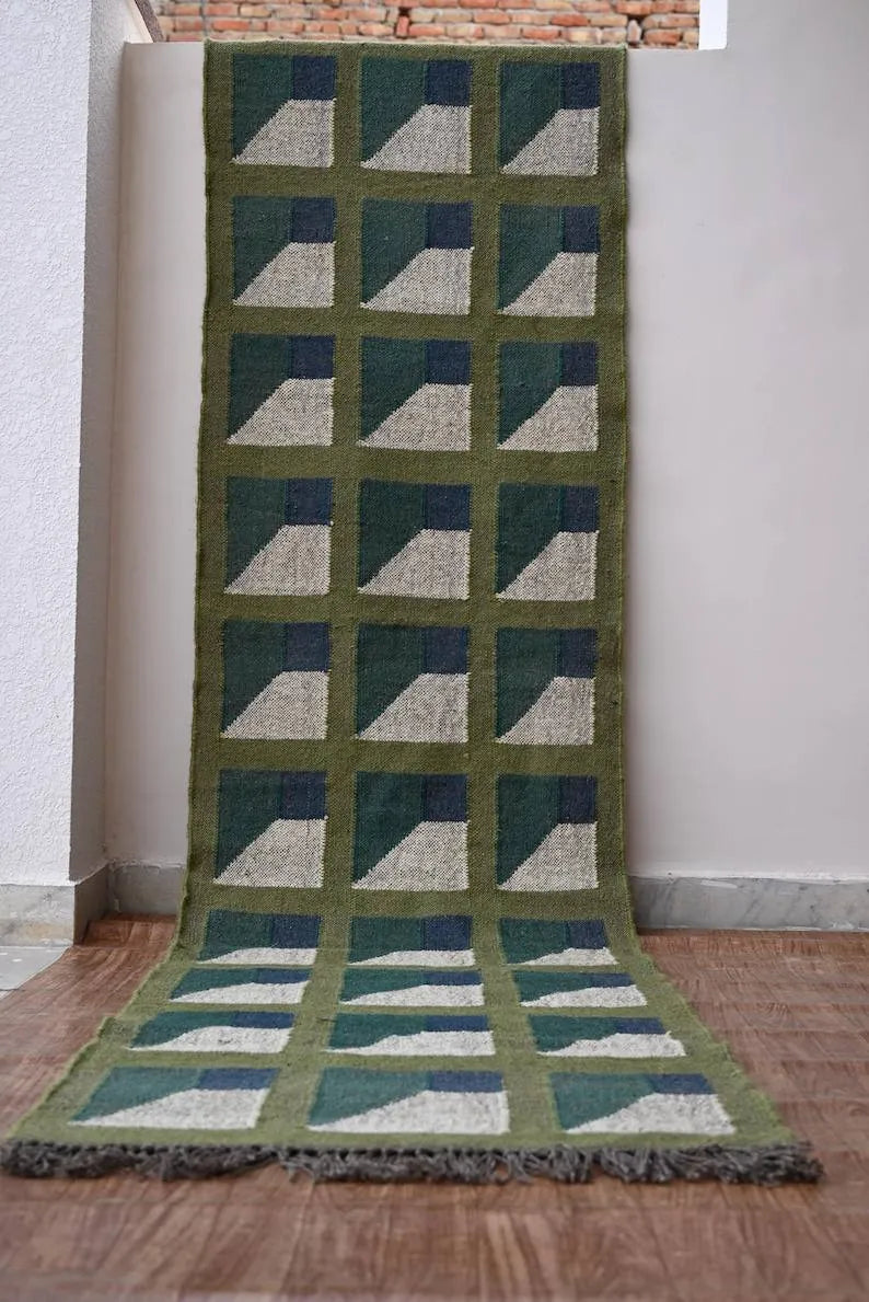 Olive Green Geometric Panel Wool & Jute Kilim Runner Rug