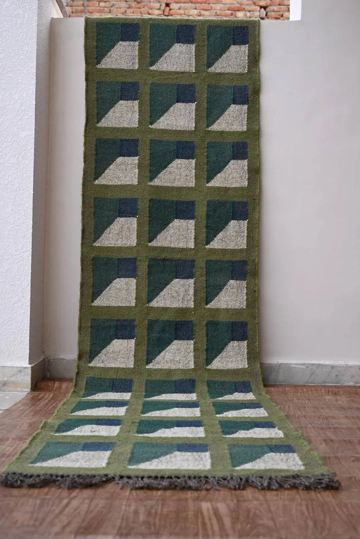 Olive Green Geometric Panel Wool & Jute Kilim Runner Rug
