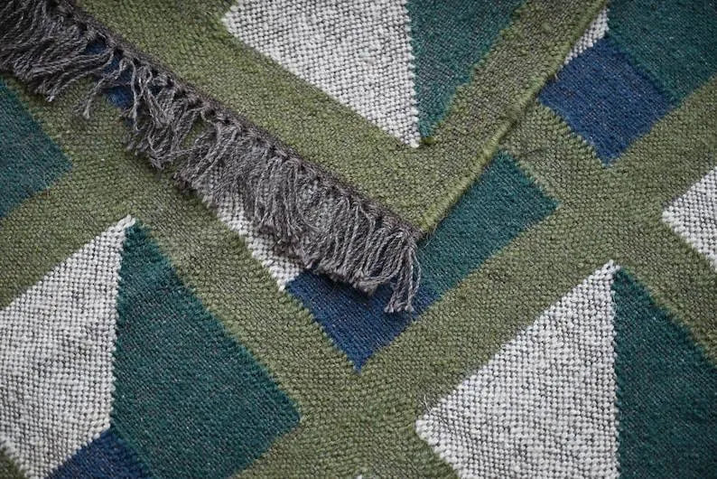 Olive Green Geometric Panel Wool & Jute Kilim Runner Rug