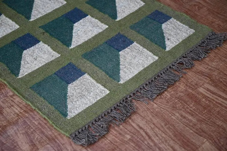 Olive Green Geometric Panel Wool & Jute Kilim Runner Rug