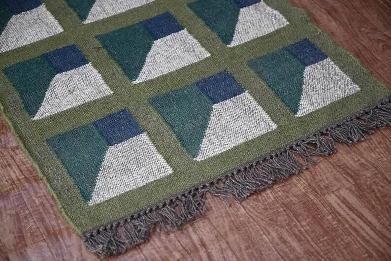 Olive Green Geometric Panel Wool & Jute Kilim Runner Rug