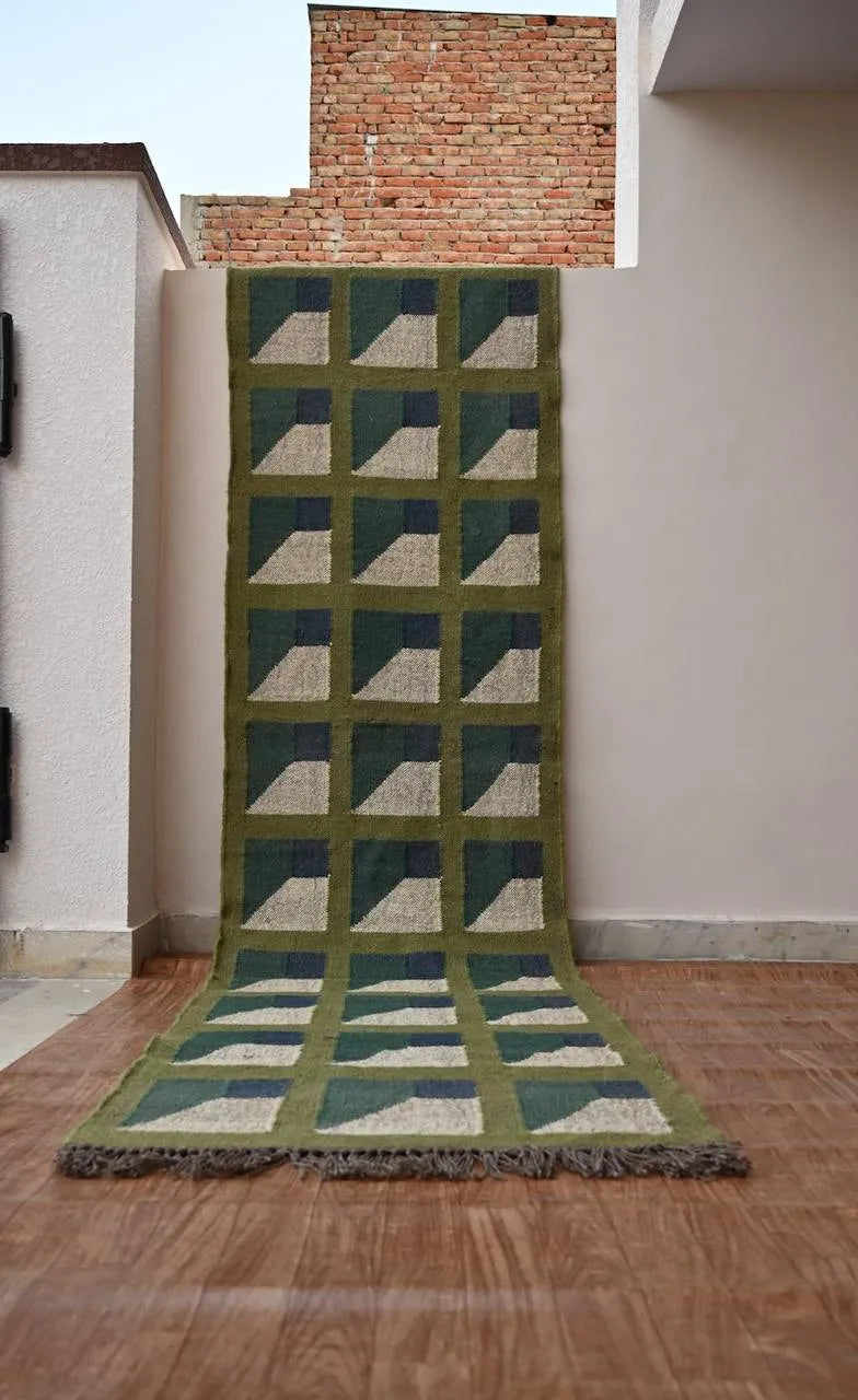 Olive Green Geometric Panel Wool & Jute Kilim Runner Rug
