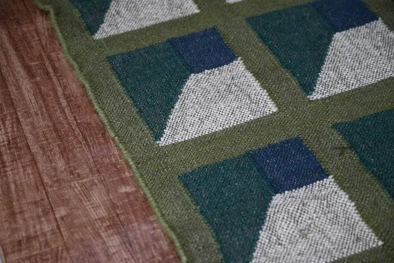 Olive Green Geometric Panel Wool & Jute Kilim Runner Rug