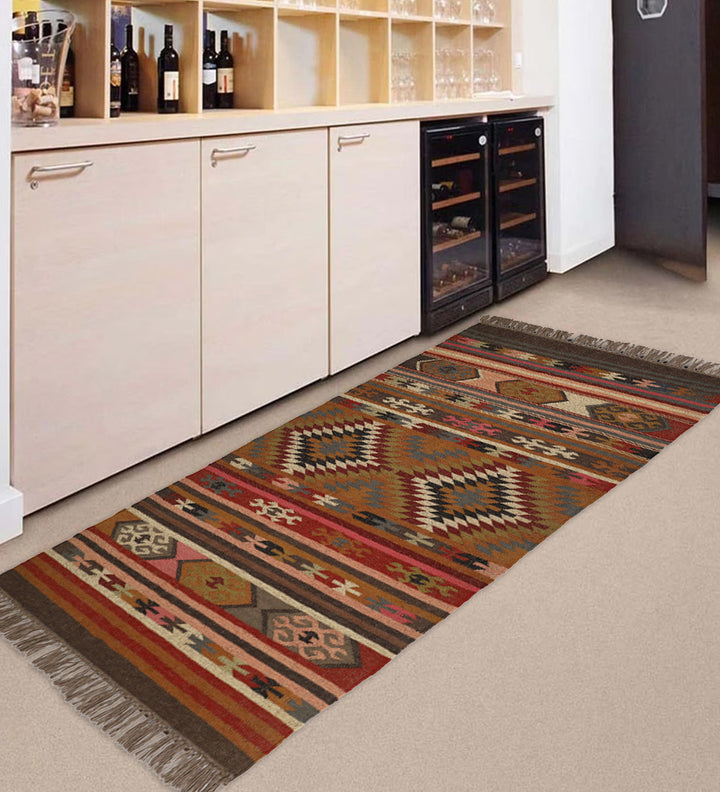 Handwoven Wool Jute Kilim Runner – Aztec Boho Style