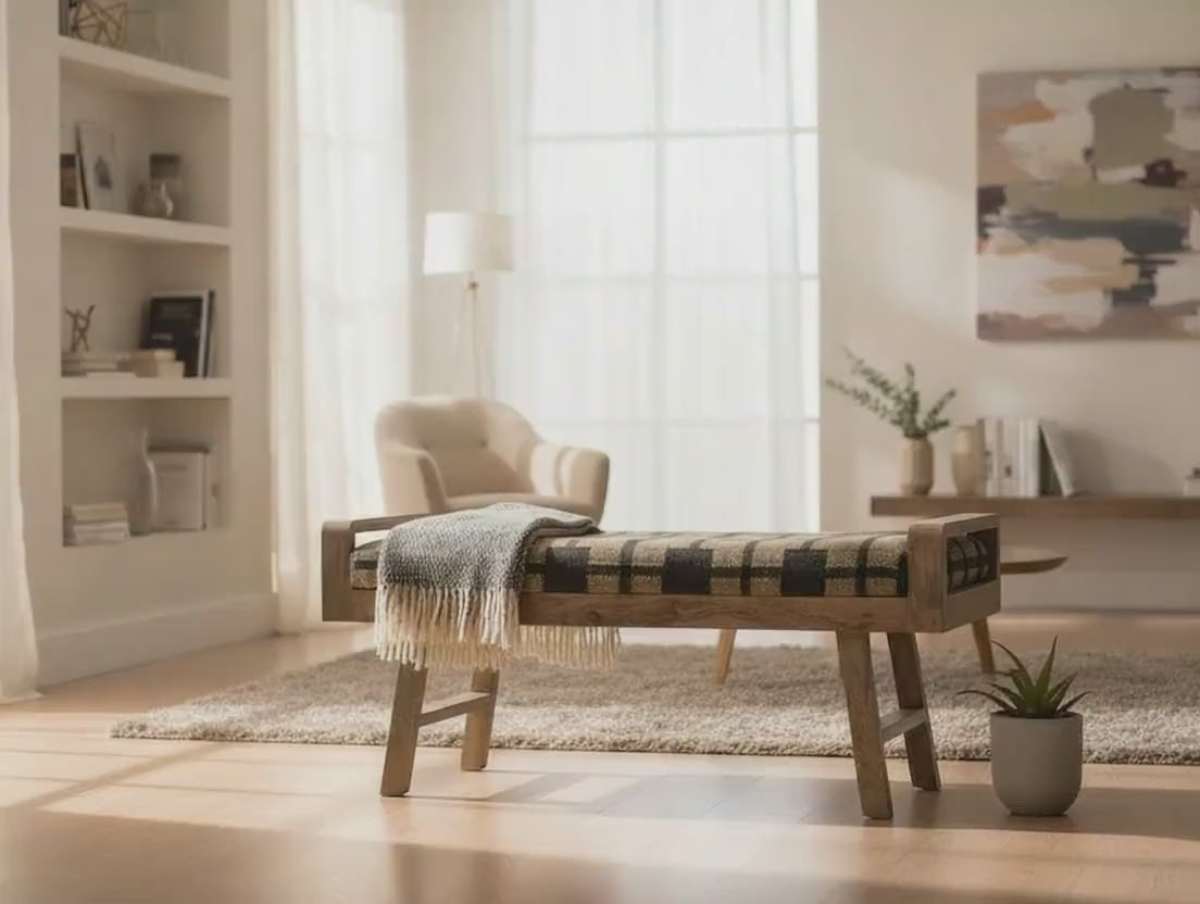 Wooden Folding Kilim Rug Bench – Handmade Green Boho Entryway Ottoman