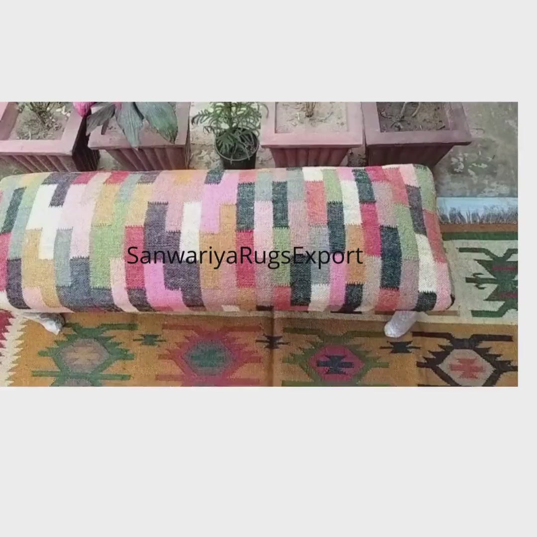 Handmade Kilim Bench – Turkish Rug Upholstered Wooden Ottoman Seat