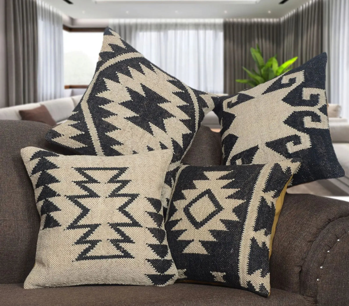 Set of 4 Vintage Kilim Black and White Wool Jute Pillow Covers