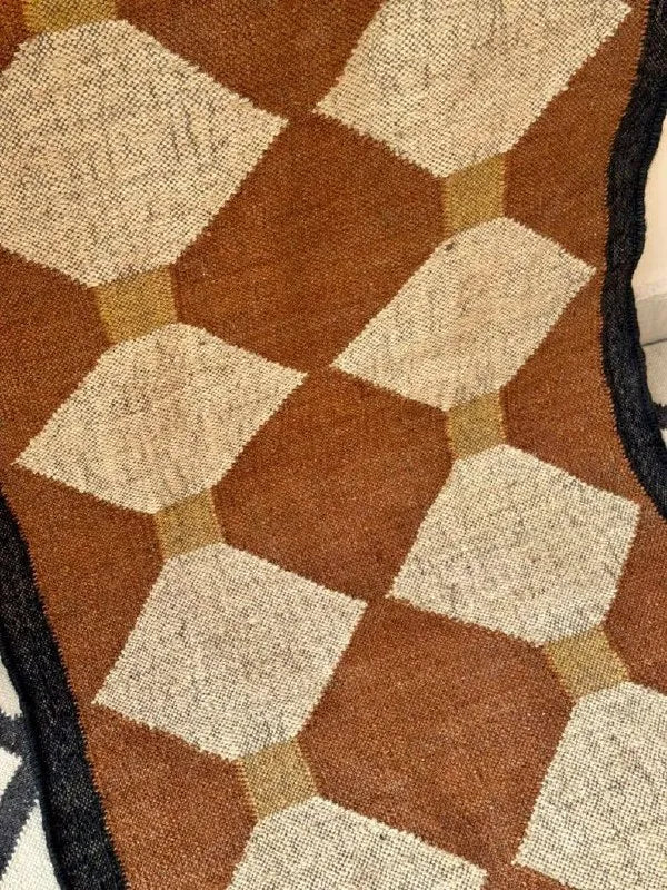 Rust Brown & Beige Diamond Wool & Jute Kilim Runner Rug