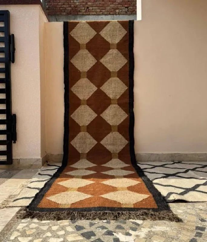 Rust Brown & Beige Diamond Wool & Jute Kilim Runner Rug