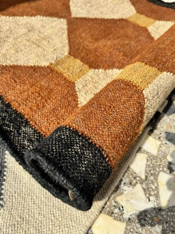 Rust Brown & Beige Diamond Wool & Jute Kilim Runner Rug