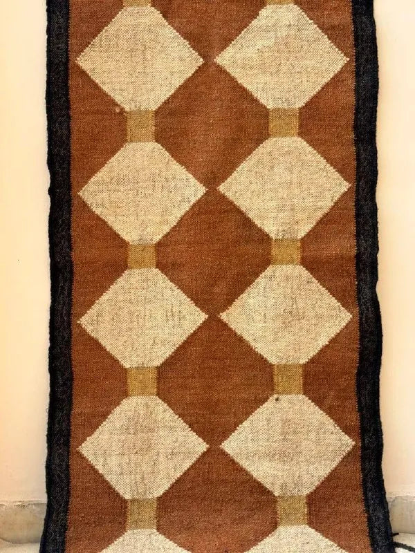 Rust Brown & Beige Diamond Wool & Jute Kilim Runner Rug