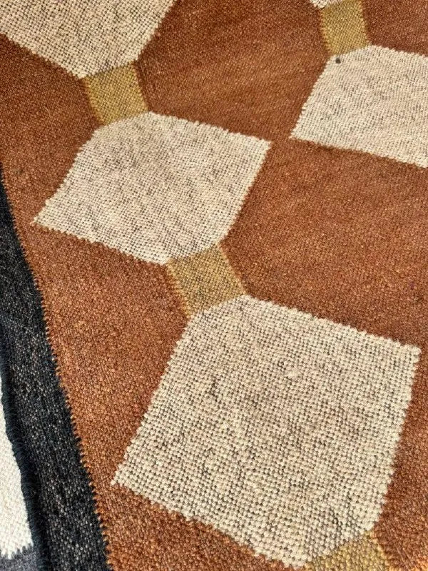 Rust Brown & Beige Diamond Wool & Jute Kilim Runner Rug