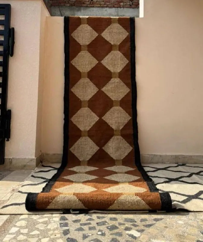 Rust Brown & Beige Diamond Wool & Jute Kilim Runner Rug