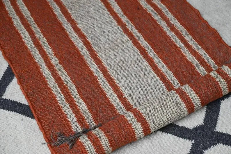 Rust Orange Striped Wool & Jute Kilim Runner Rug