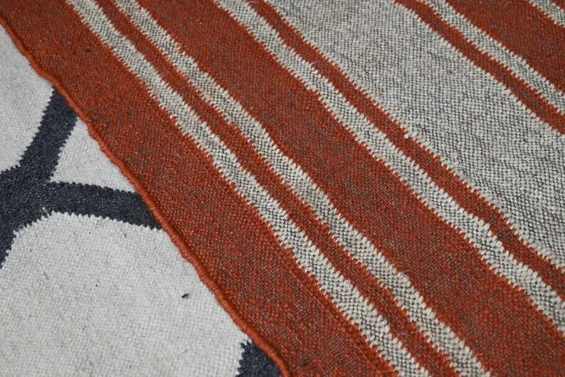 Rust Orange Striped Wool & Jute Kilim Runner Rug