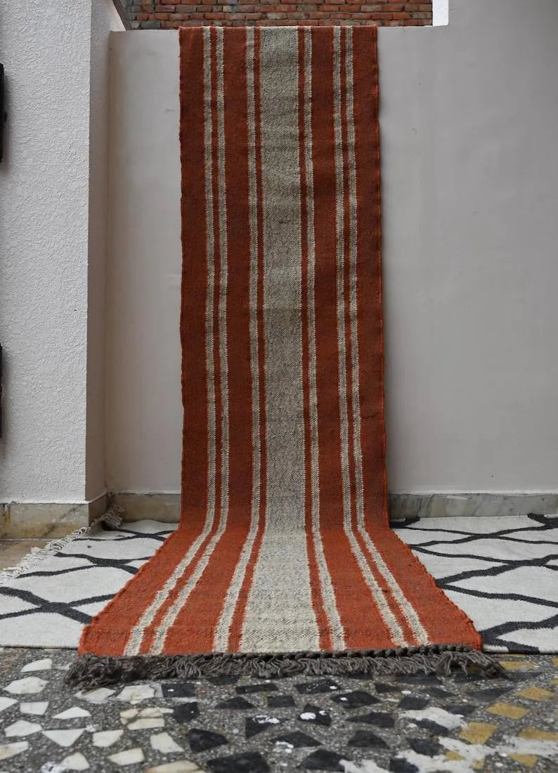 Rust Orange Striped Wool & Jute Kilim Runner Rug