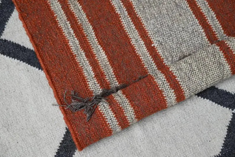 Rust Orange Striped Wool & Jute Kilim Runner Rug