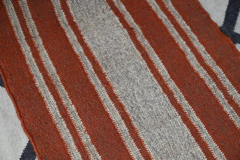 Rust Orange Striped Wool & Jute Kilim Runner Rug
