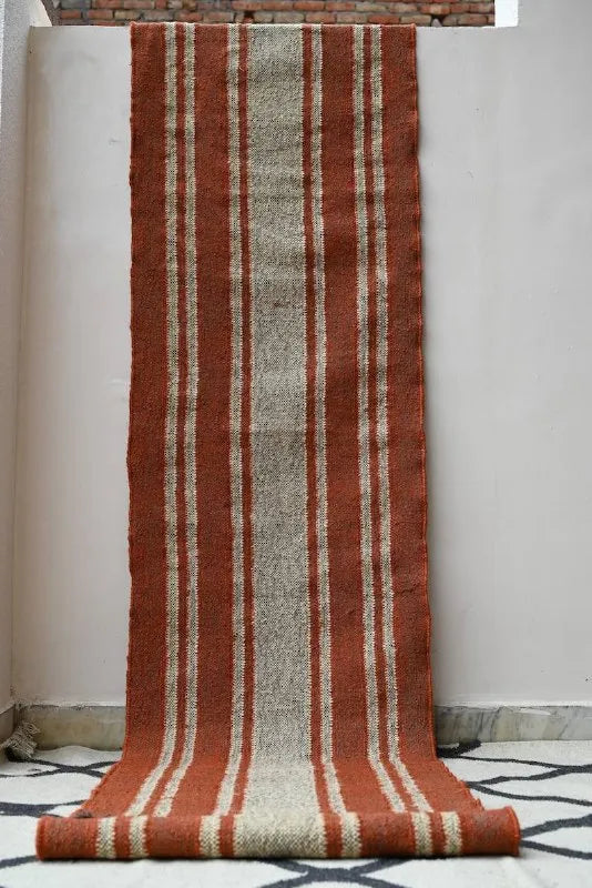Rust Orange Striped Wool & Jute Kilim Runner Rug