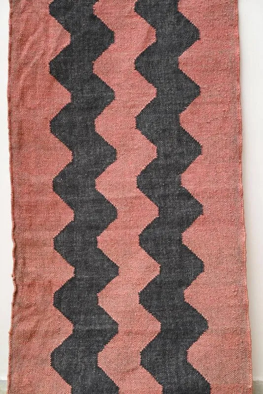 Rust Red & Black Zigzag Wool & Jute Kilim Runner Rug