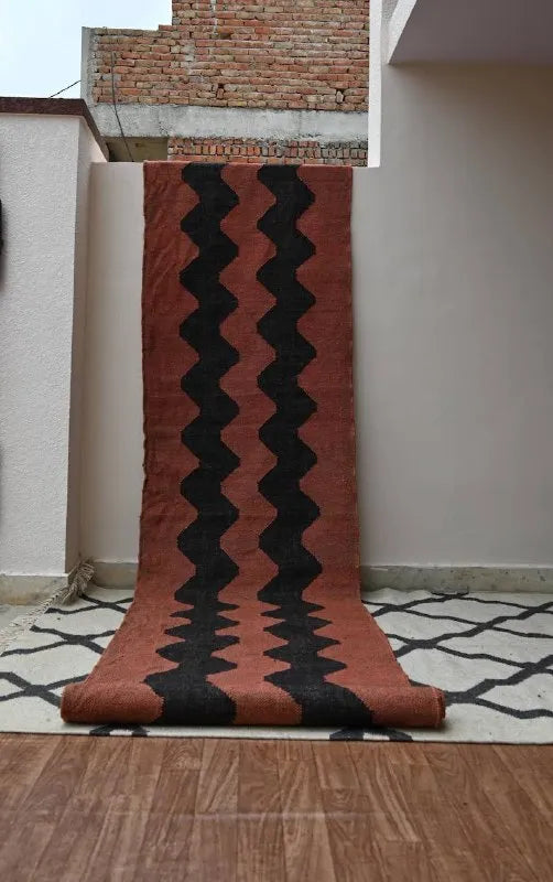 Rust Red & Black Zigzag Wool & Jute Kilim Runner Rug