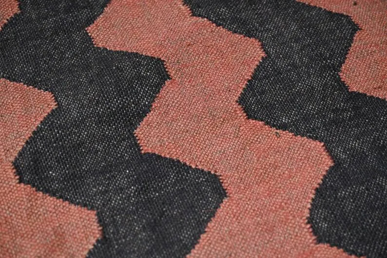 Rust Red & Black Zigzag Wool & Jute Kilim Runner Rug
