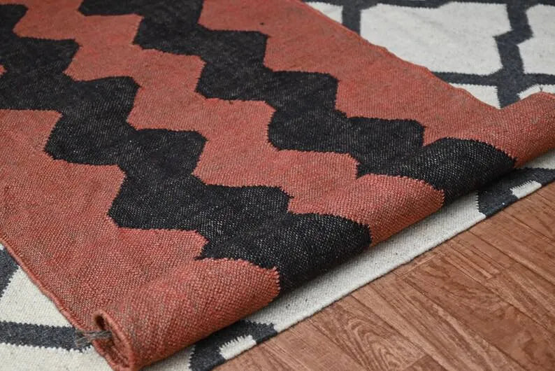 Rust Red & Black Zigzag Wool & Jute Kilim Runner Rug