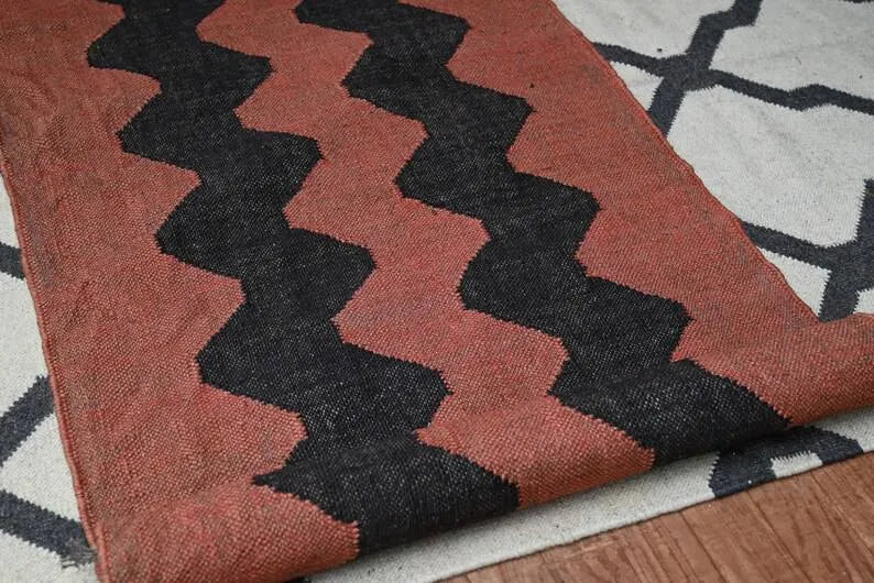 Rust Red & Black Zigzag Wool & Jute Kilim Runner Rug
