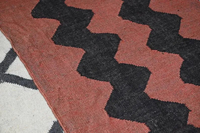 Rust Red & Black Zigzag Wool & Jute Kilim Runner Rug