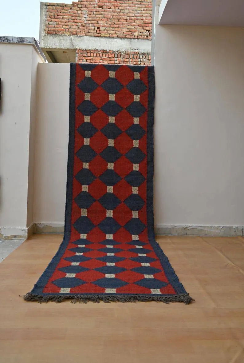 Rust Red & Navy Geometric Wool & Jute Kilim Runner Rug