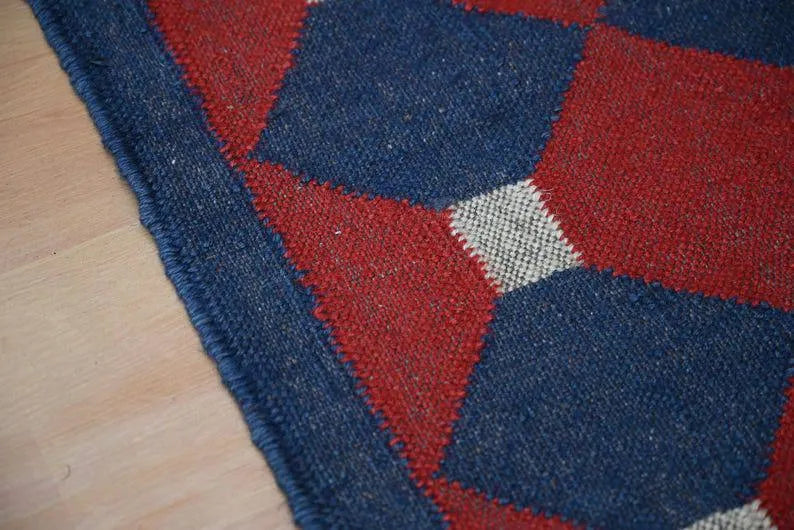 Rust Red & Navy Geometric Wool & Jute Kilim Runner Rug