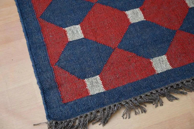 Rust Red & Navy Geometric Wool & Jute Kilim Runner Rug