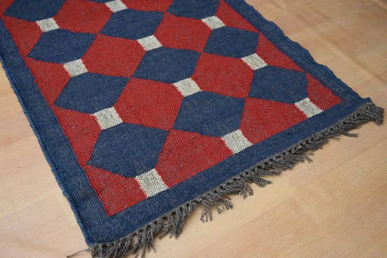 Rust Red & Navy Geometric Wool & Jute Kilim Runner Rug