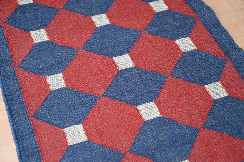 Rust Red & Navy Geometric Wool & Jute Kilim Runner Rug