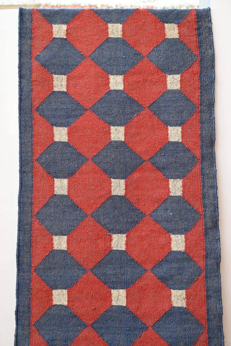 Rust Red & Navy Geometric Wool & Jute Kilim Runner Rug