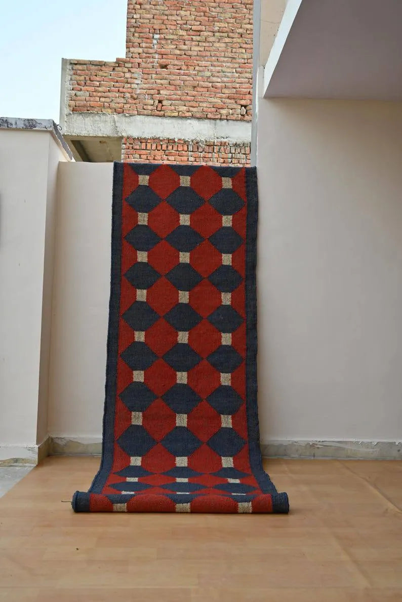 Rust Red & Navy Geometric Wool & Jute Kilim Runner Rug