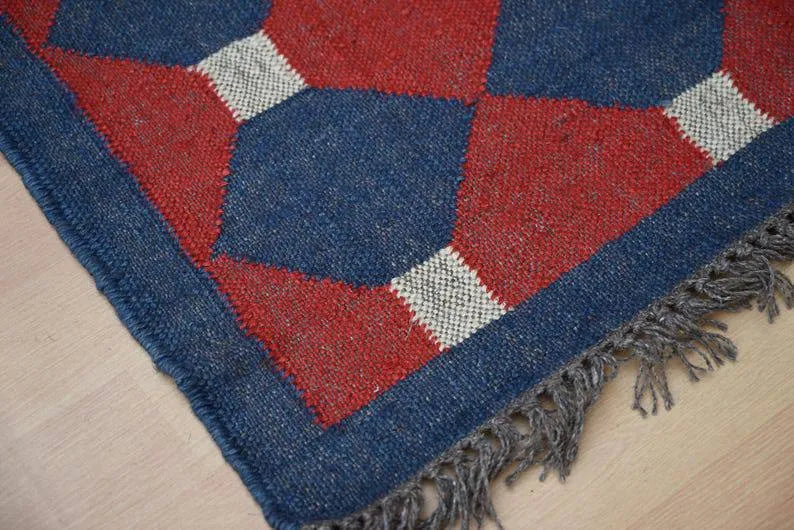 Rust Red & Navy Geometric Wool & Jute Kilim Runner Rug