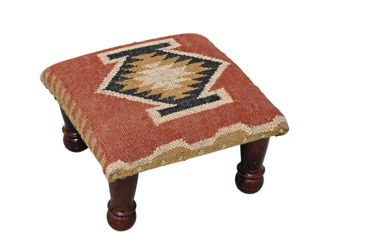 Rustic Farmhouse Footstool – Handmade Tribal Kilim Accent Stool and Footrest