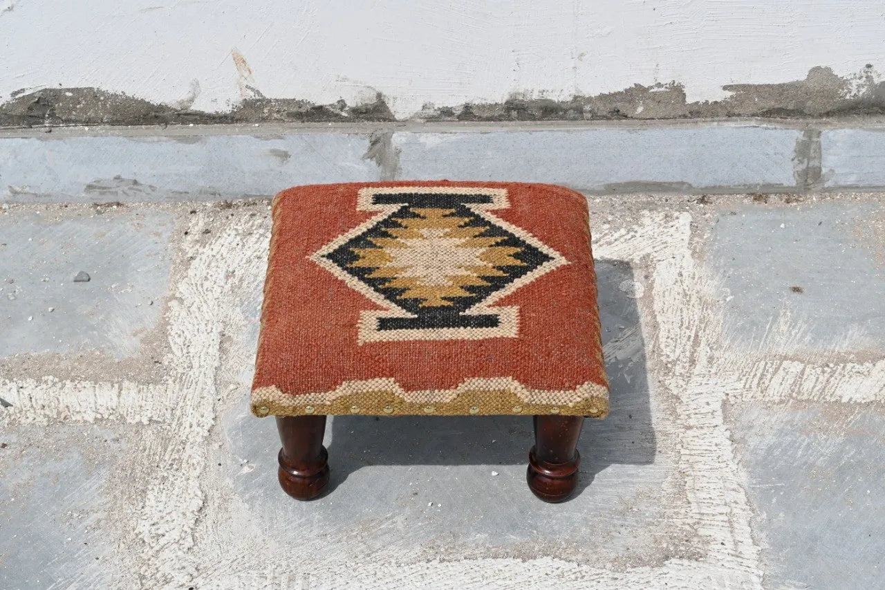 Rustic Farmhouse Footstool – Handmade Tribal Kilim Accent Stool and Footrest