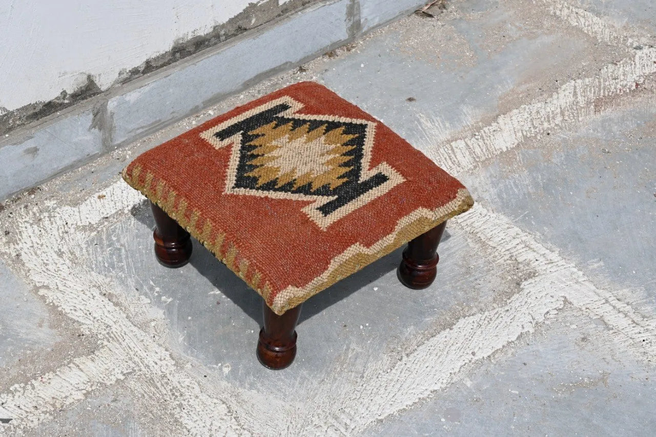 Rustic Farmhouse Footstool – Handmade Tribal Kilim Accent Stool and Footrest